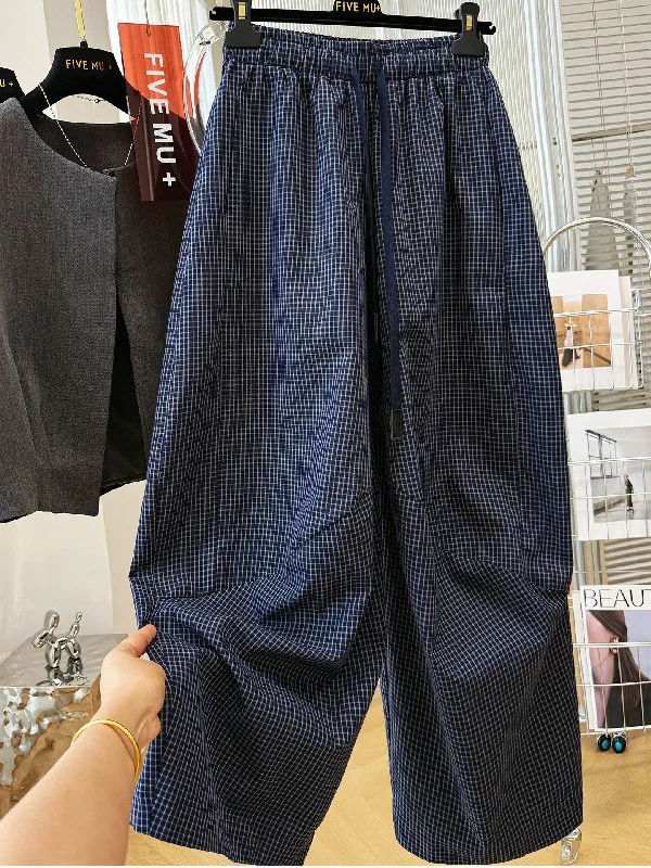 

plus Size Women's Casual Pants Wide Leg Straight Cut Spring Autumn Vintage Hong Kong Style Elastic Waist Small Grids up to 30...