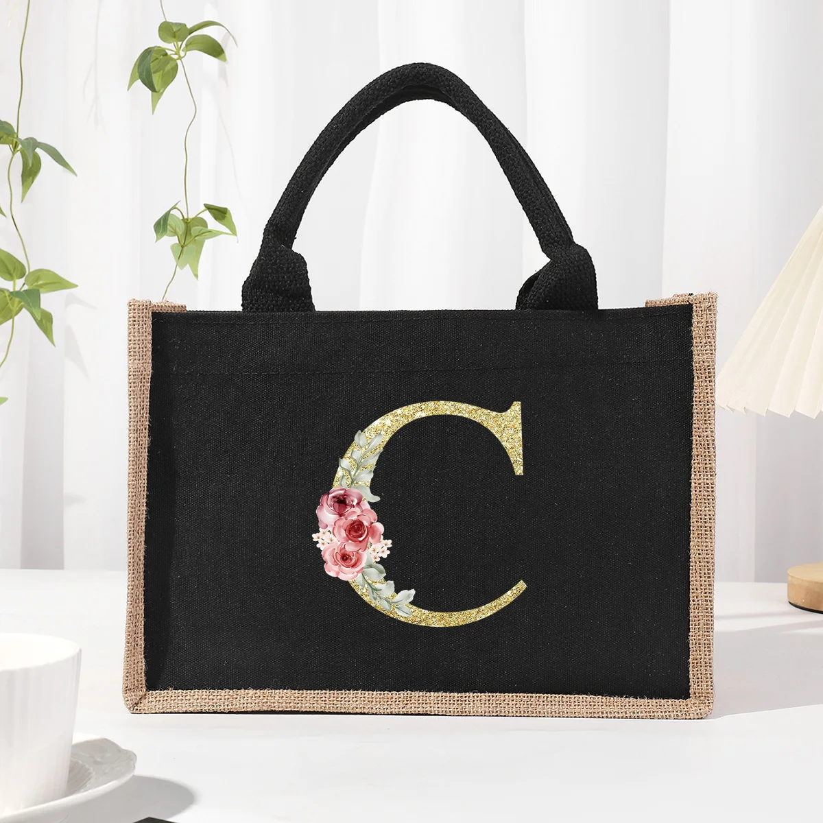 Gold Letter Black Patchwork Linen Canvas Handbag with Waterproof Interior Large Capacity Commuting Bag Organizer Bag