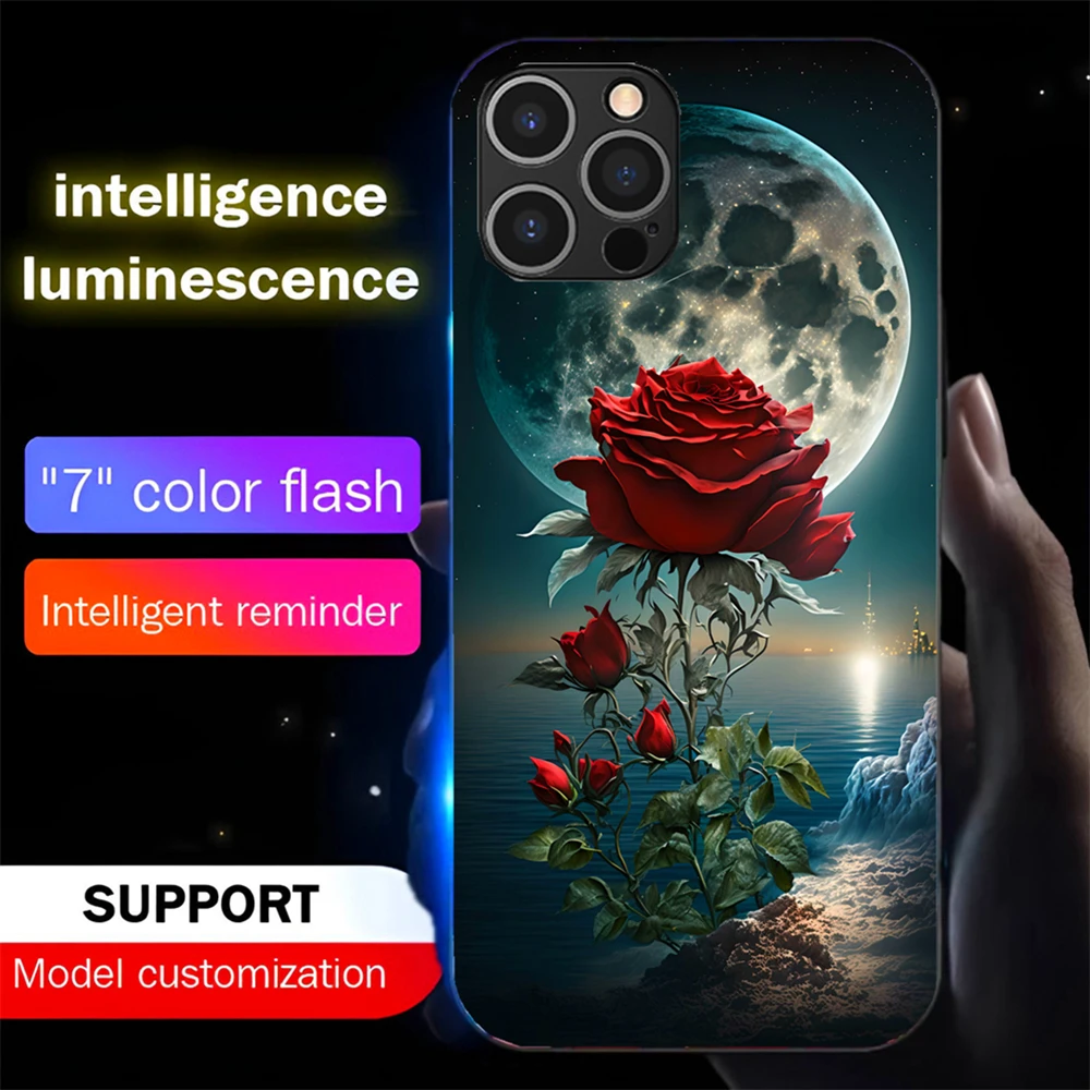 Flower Heart Beach Luminous Phone Case LED Light Glass Shockproof Cover For Samsung S24 S23 S22 S21 S20 FE Note 10 20 Plus Ultra