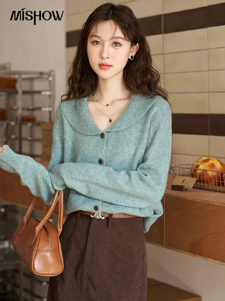 MISHOW Retro Single-breasted Knit Cardigan for Women Autumn Winter Peter Pan Collar Button Loose Solid Soft Tops MXC51Z0335