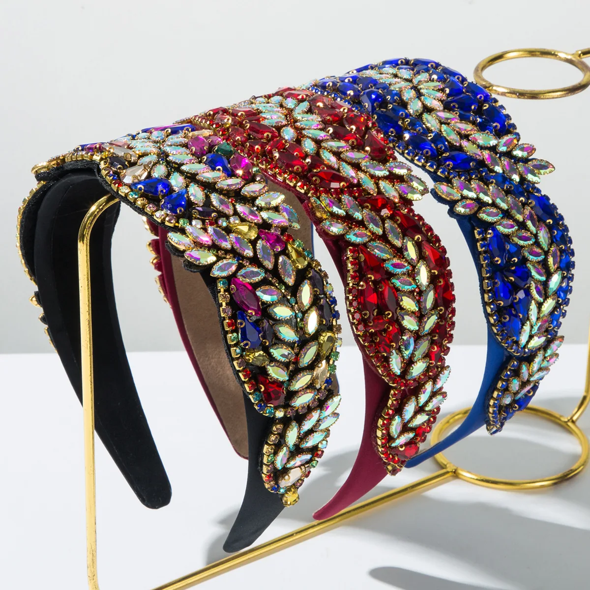 

Fashion Baroque Retro Wide Edge Colorful Glass Rhinestone Headband Luxury High-end Hair Accessory for Women