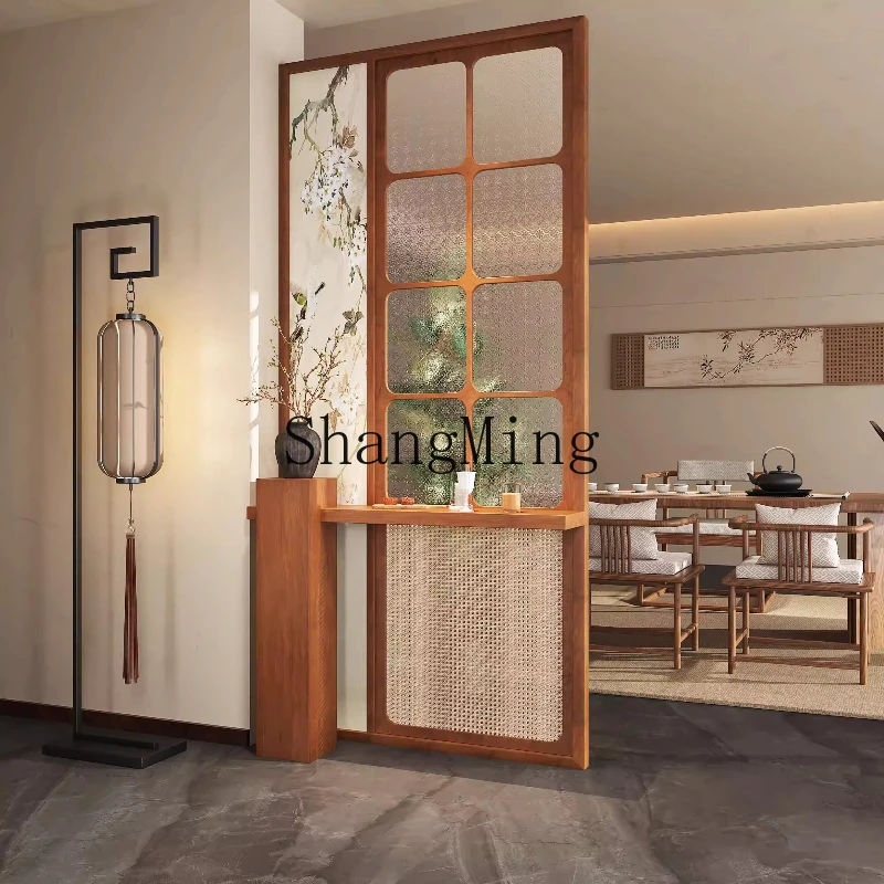 

SM new screen partition living room solid wood entry shielding glass rattan hollow entrance cabinet