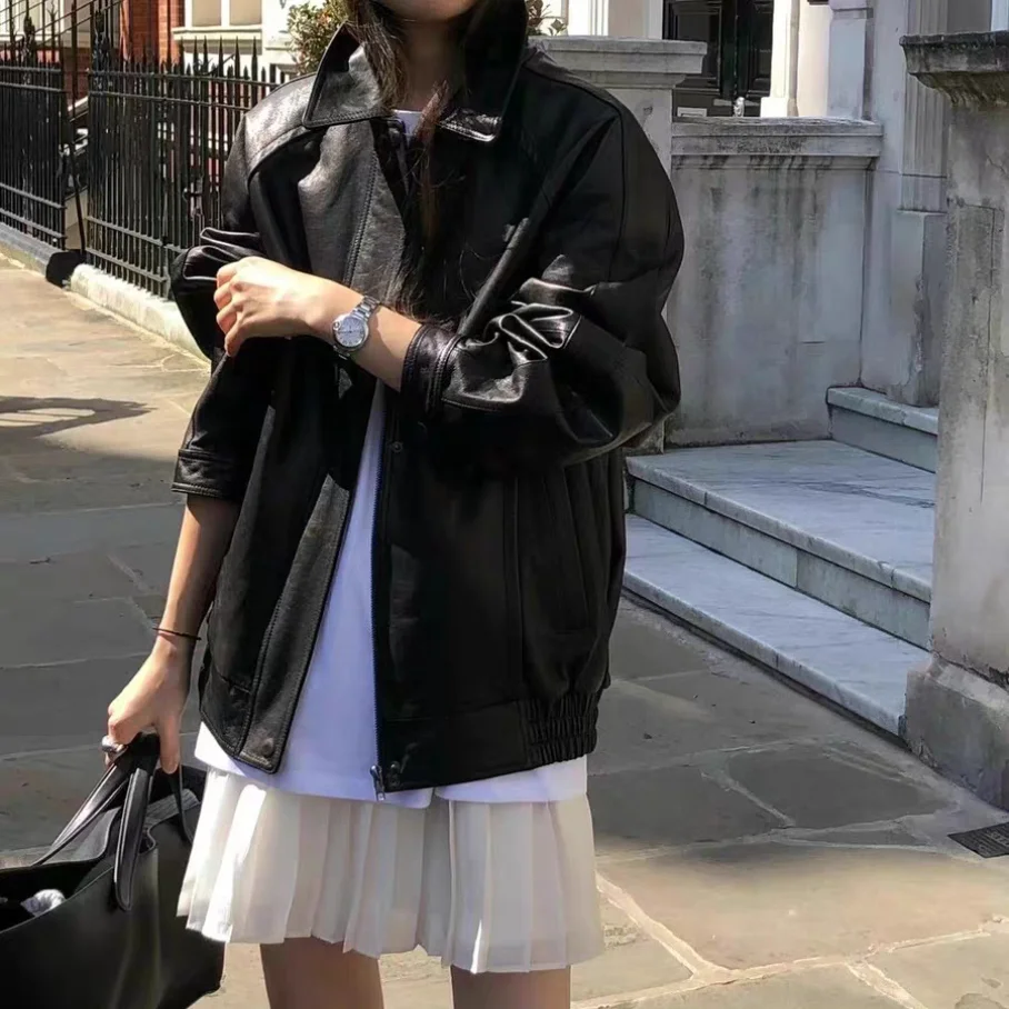 

Ounce2025 Vintage Worn-in Loose Casual Leather Jaet Collared Versatile Outerwear for Young Women Commute Sle Long Sve