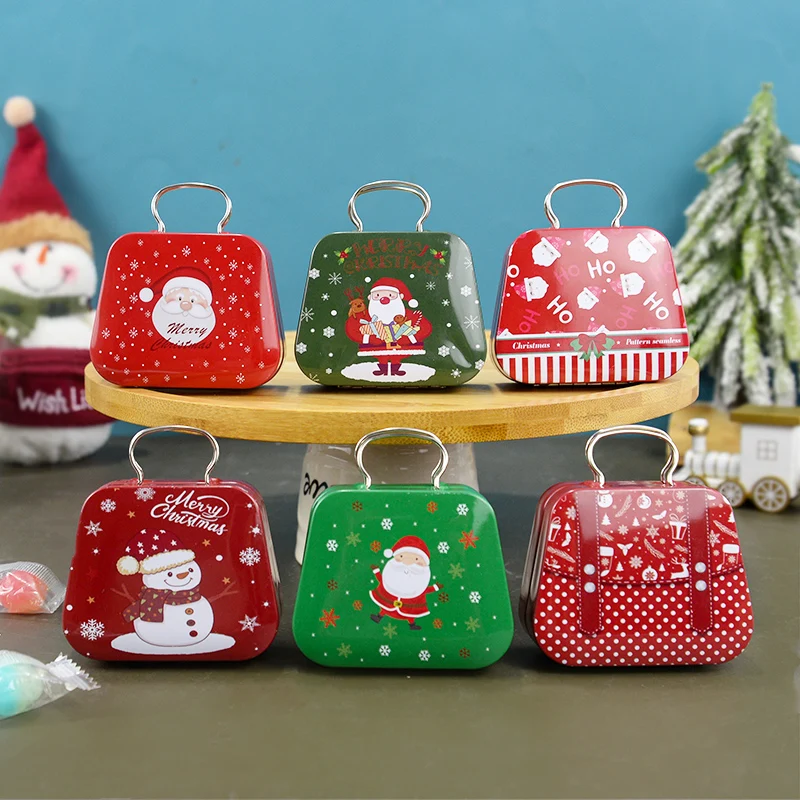 Christmas Mini Tinplate Handbag Cartoon Santa Claus Snowflake Metal Candy Gift Box Xmas Party Decor Supplies 2025 New Year Gifts