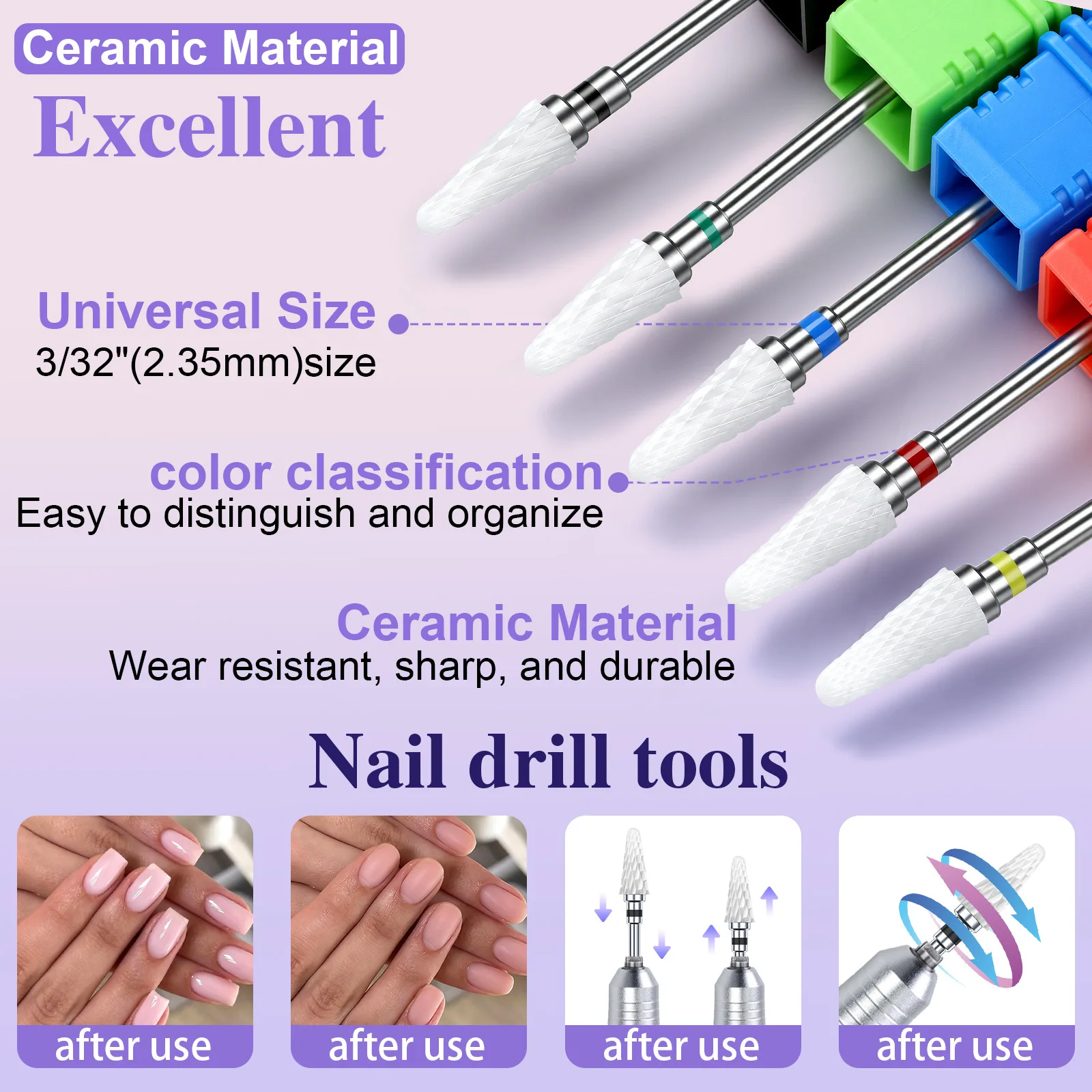 10Pcs 3/32 Ceramic Nail Drill Bits, Professional & Durable, For Removing Gel Nails, Cleaning Cuticles, Ideal for Manicures