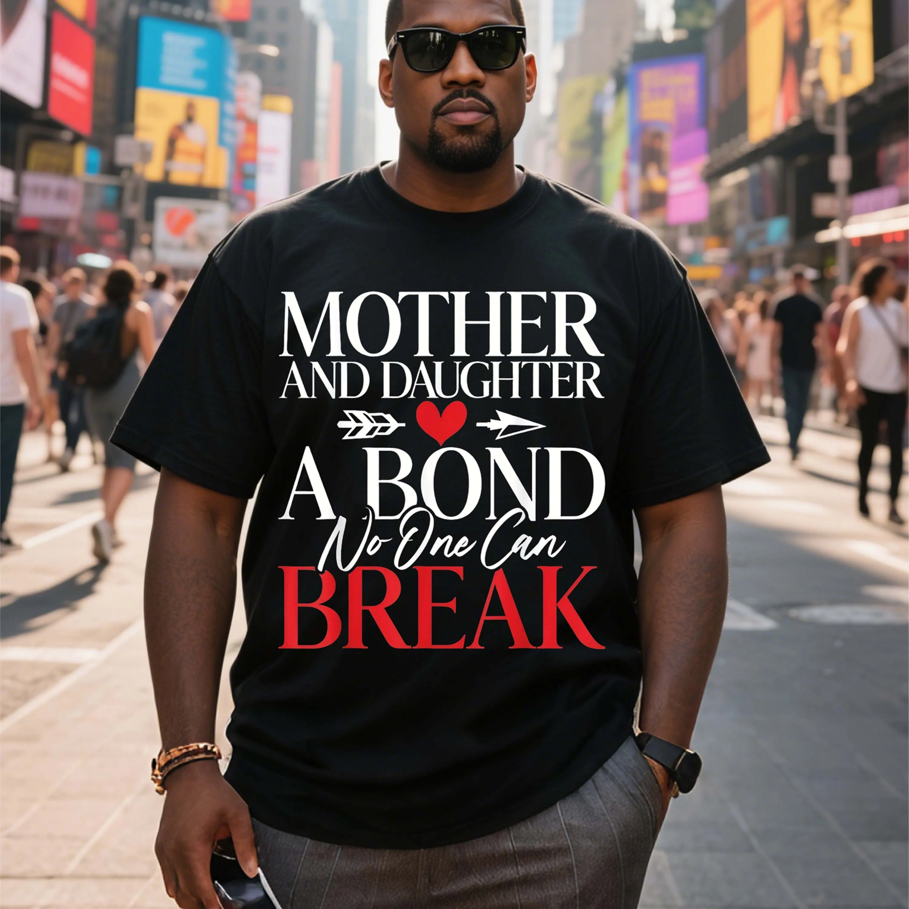 Czarna koszulka dla mamy i córki plus size z motywem serca i strzały, odpowiednia do noszenia na zewnątrz podczas letnich aktywności rekreacyjnych.