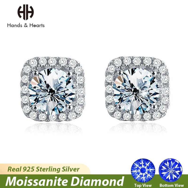 

H & H Certified Moissanite Diamond Unusual Square Halo Stud Earrings for Women 925 Sterling Silver Luxury Trendy Fashion Jewelry