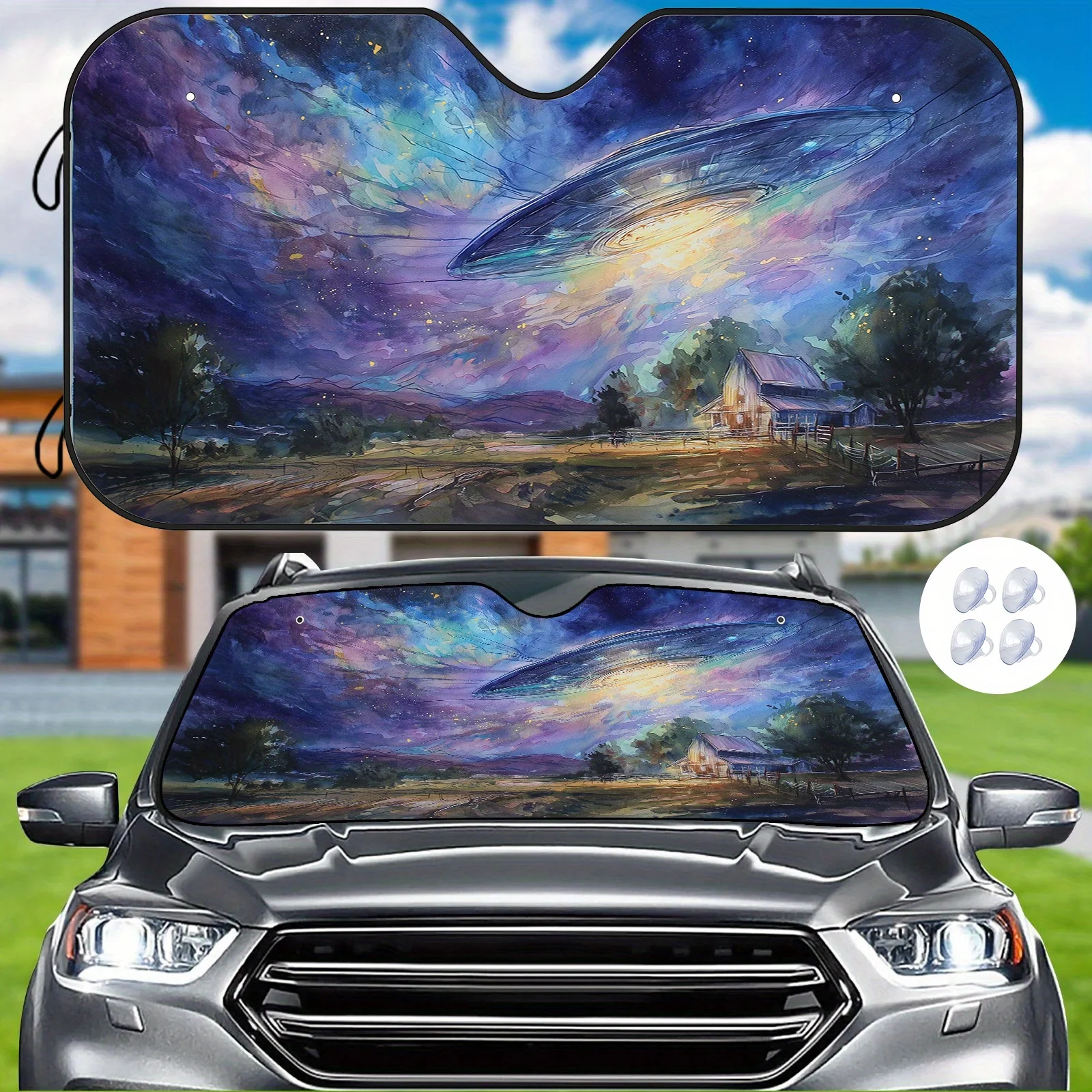 

Fantasy UFO Sunshade, Insulated Cooling For Car Interior With 4 Suction Cups, Showcasing Alien Atmosphere