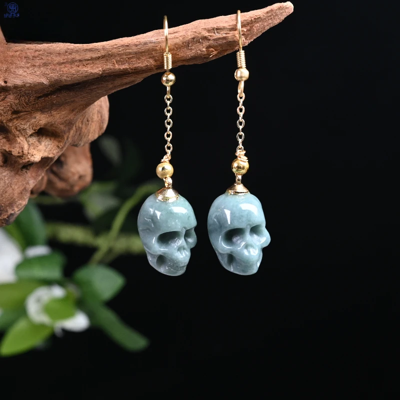 

14k Gold-plated Inlaid High-end Natural A-grade Jade Skull Earrings Ice Jadeite Fashion Beautiful Girl Accessories Gift