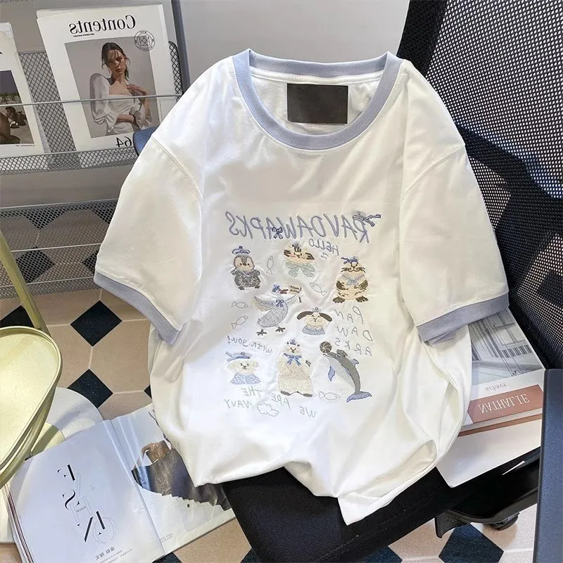 

Large Size 300 Pou Cartoon Patchwork Embroidered ort Sve T-irt ex Summer Loose oulder Couple f Sve Top