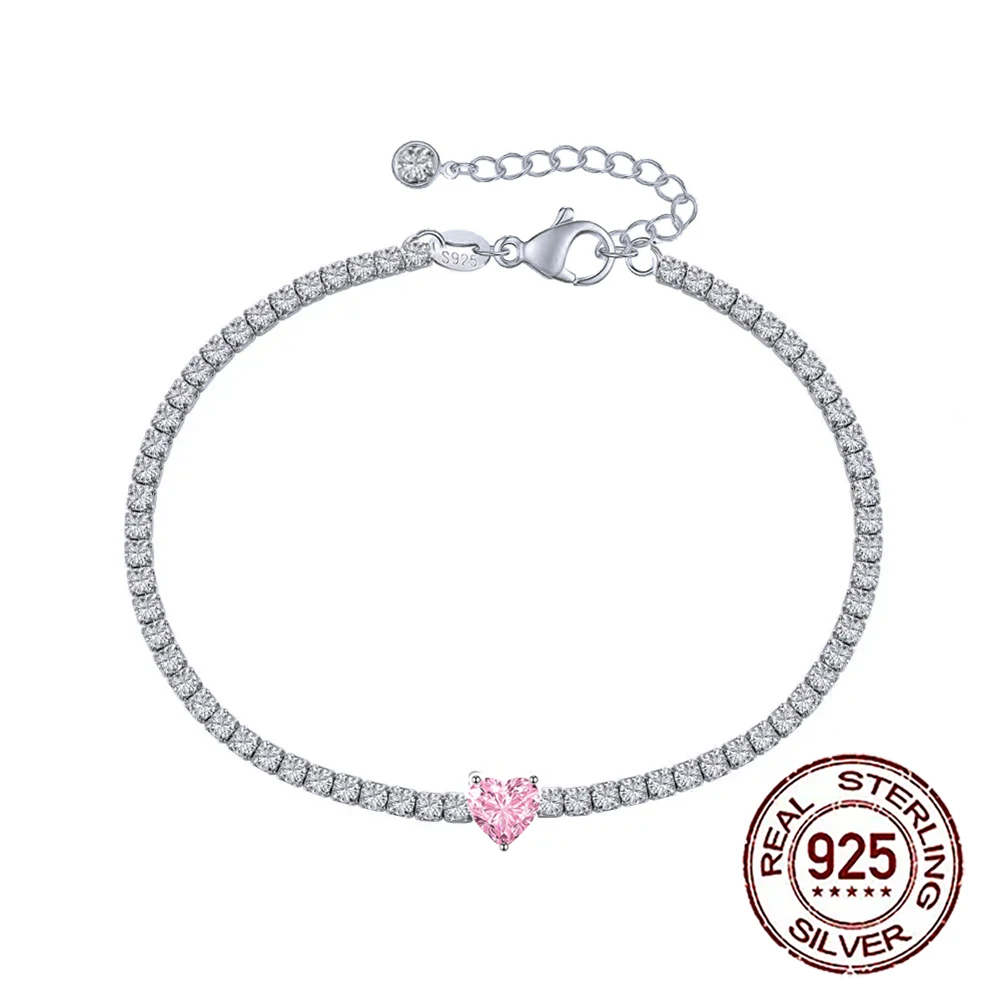 QooLady 925 Sterling Silver Tennis Chain Bracelets for Women Love Heart Pink Cubic Zircon Party Valentine Day Jewelry Gift SB017