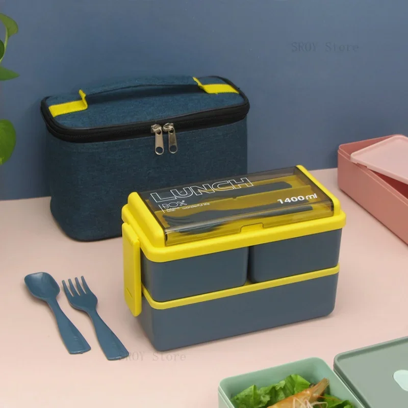 

Double Layer Portable Lunch Box For Kids With Fork and Spoon Microwave Bento Boxes Dinnerware Set Food Storage Container