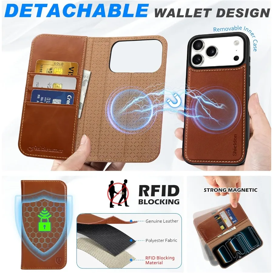 Custodia a portafoglio in vera pelle 2 in 1 per iPhone 17 Pro Max 6.9 con ricarica wireless Design magnetico staccabile Blocco RFID Ca