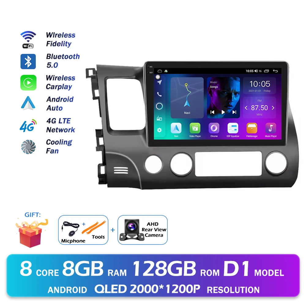 Android 16 Bluetooth Voor Honda Civic 2006-2011 Autoradio Intelligente Multimedia Speler Auto Draadloze CarPlay WIFI 4G DSP GPS