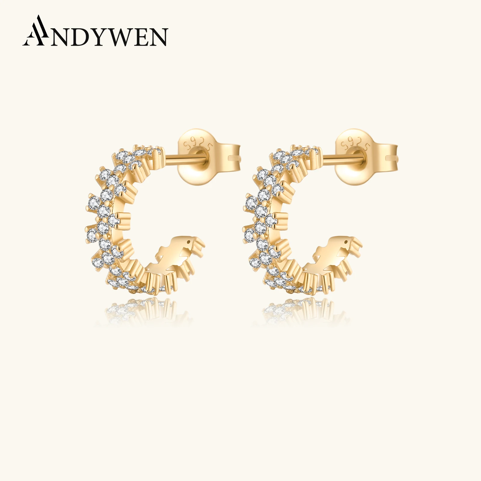 

ANDYWEN 925 Sterling Silver Gold Zircon Pave Huggies Clips Hoops Earring Women Luxury Circle Round Party Rock Party Fine Jewelry