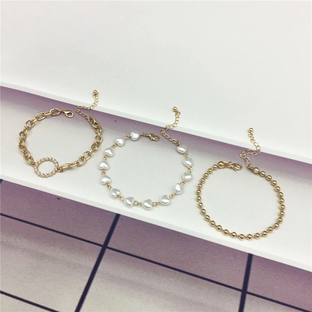 3 in 1 Set Simple Street Wear Linked Heart Shape Pearl Bracelet Gold Color Chain Bracelet for Women Girl Gift