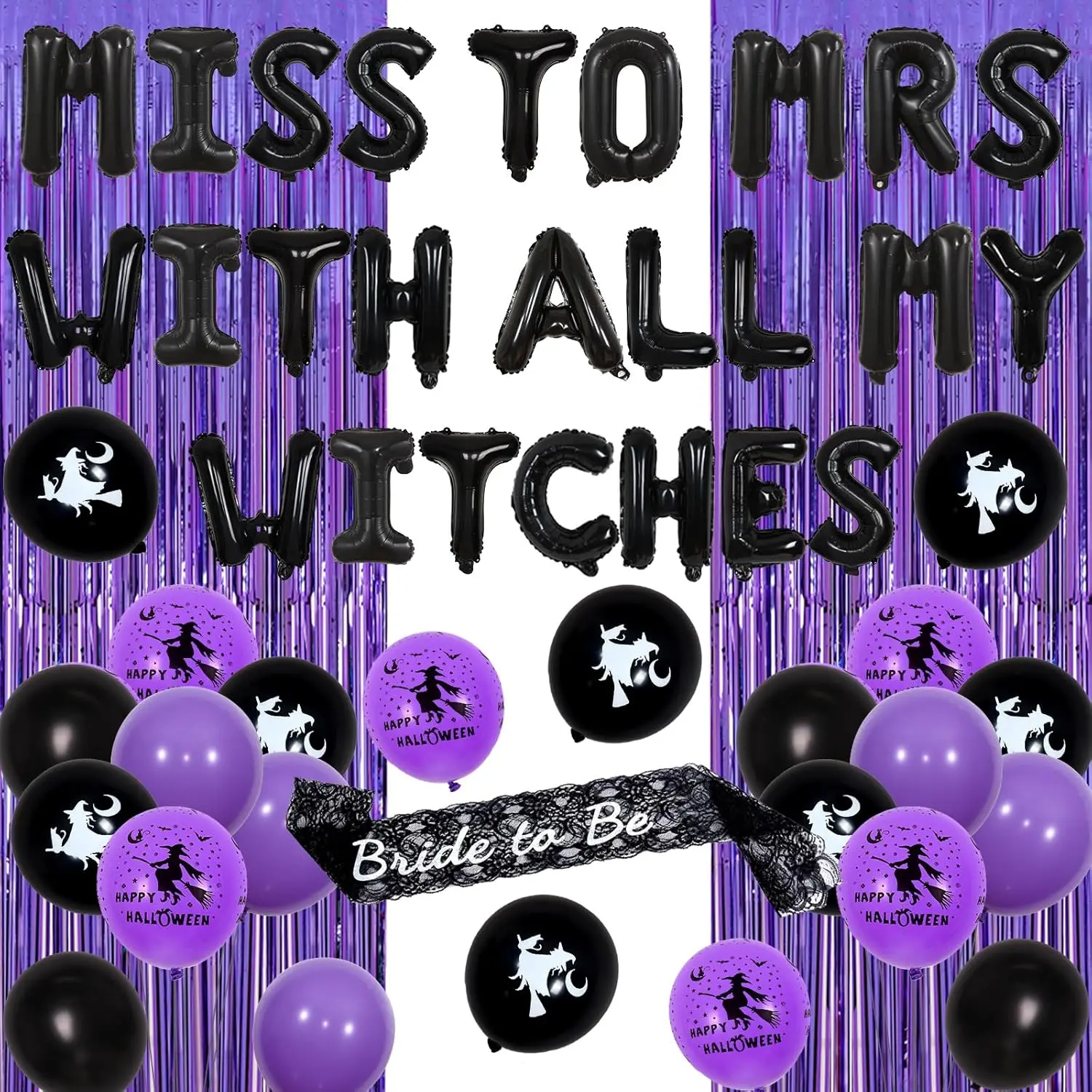 

Halloween Bachelorette Party Decorations Miss To Mrs with All My Witches Balloons Banner Bride To Be Sash Bridal Shower Decor