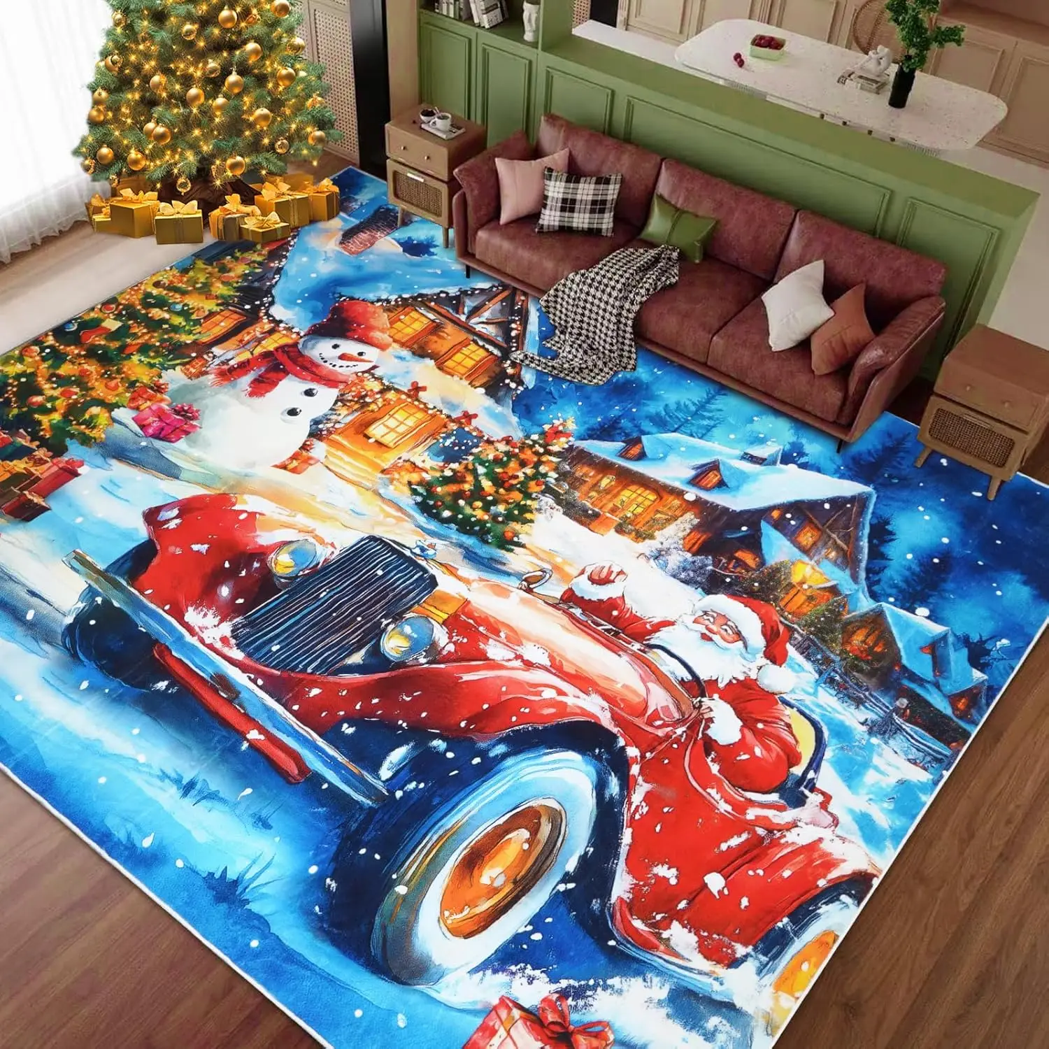Santa Claus and Red Car Christmas Tree Area Rugs, Large Washable Non-Slip Christmas Carpet Mat Indoor, Christmas Home Office