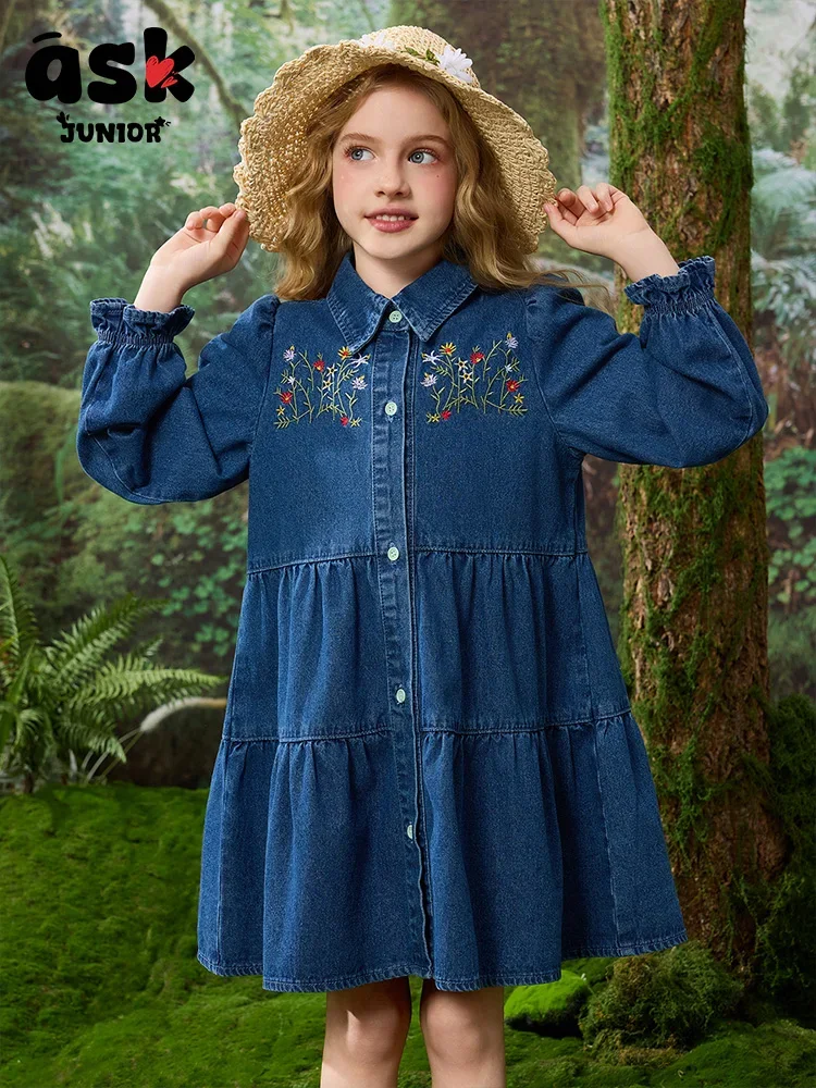 فستان صيفي ASK Junior Tween Girl مطرز بالزهور وأكمام طويلة وصدر واحد كاجوال من قماش الدنيم