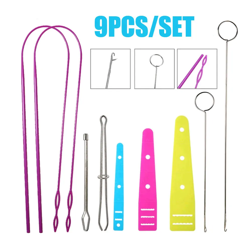 9PCS Drawstring Threader Replacement Set Stainless Steel Sewing Loop Turner Hook & Tweezers for Fabric DIY Knitting Accessories