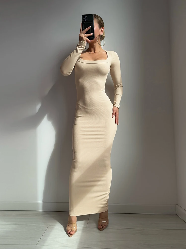 فستان Kliou كاجوال أنيق طويل للنساء بياقة مربعة وأكمام طويلة نحيل قابل للتمدد يوميًا وبسيط وأنيق فساتين كلاسيكية