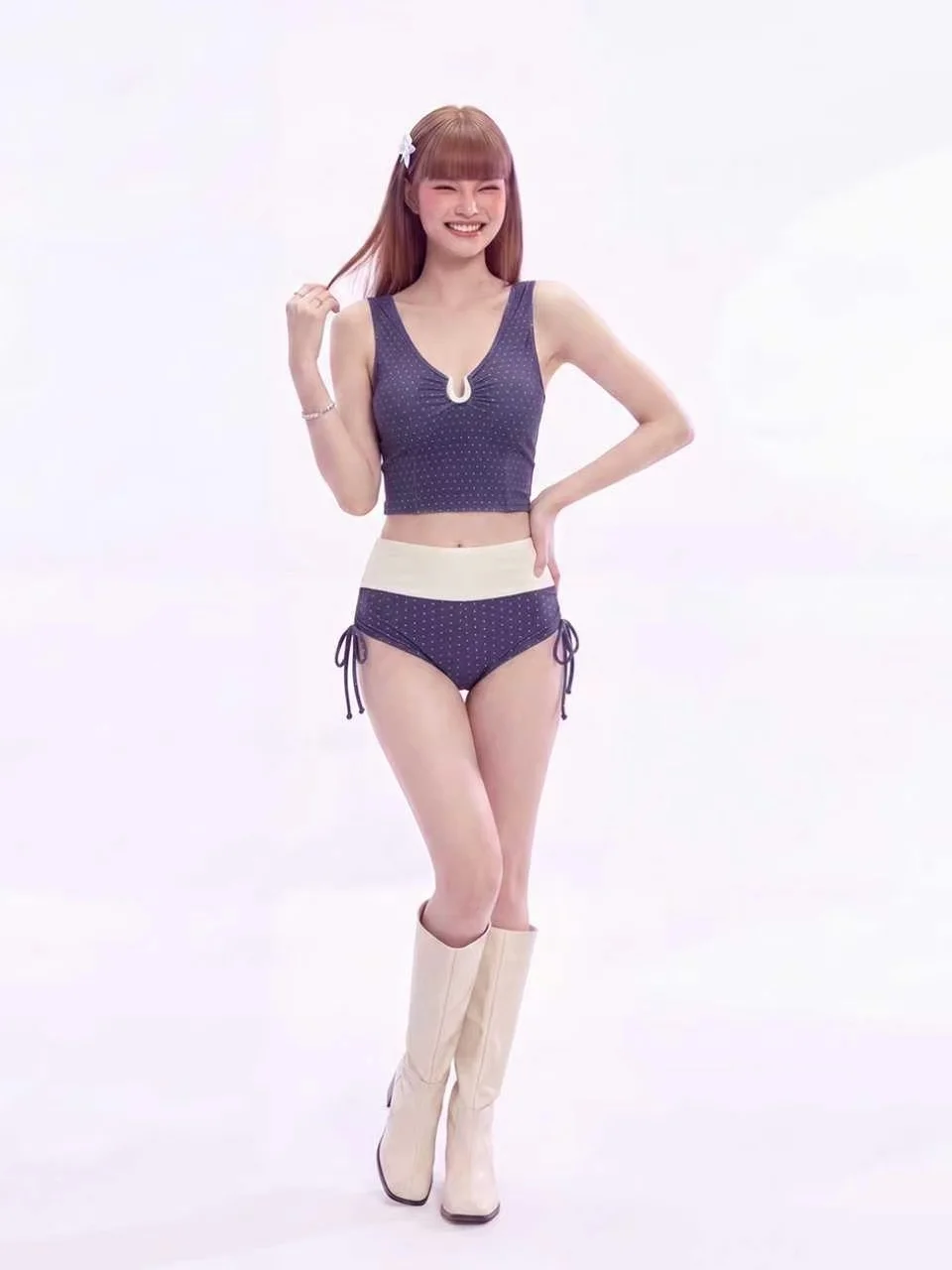 

Sexy Two-Piece Bikini Women's High-Waist Tie-Dot Beach Vacation Swimsuit V-Neck Sleeveless Nylon Material No Chest Pad