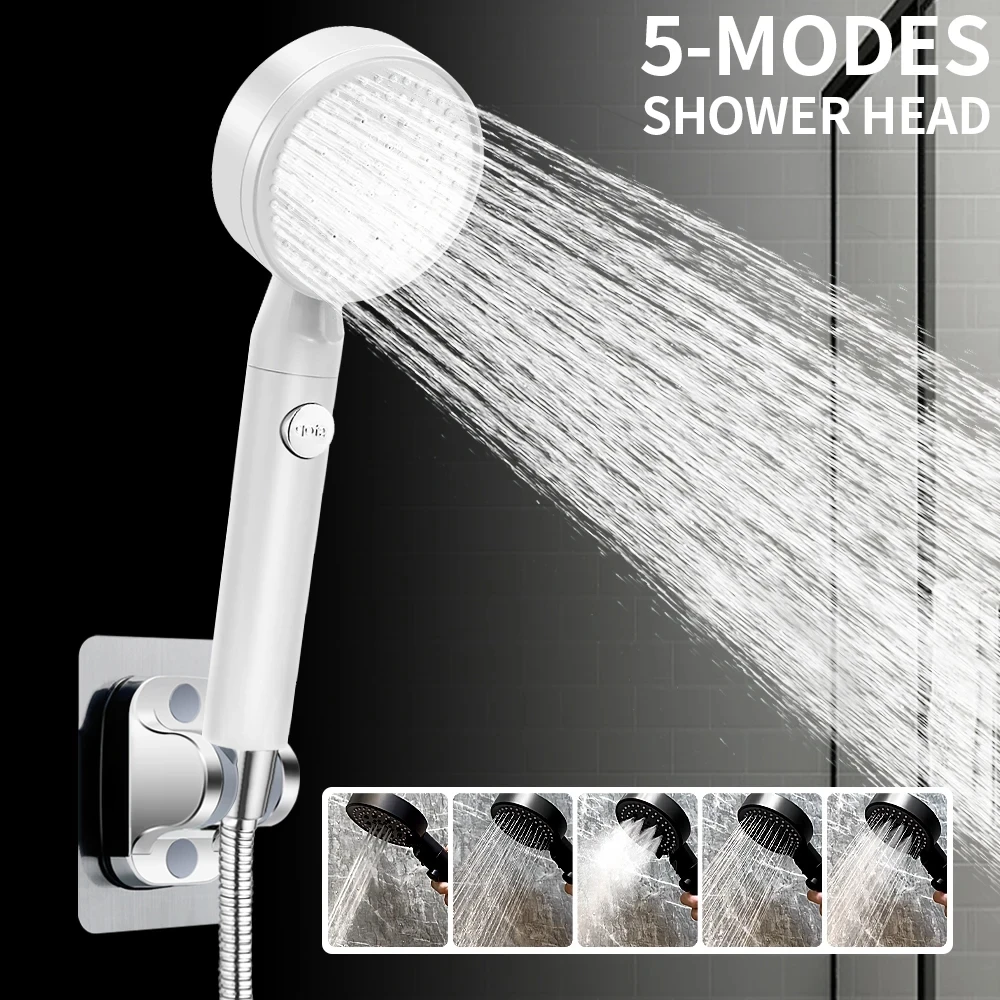 5 Modes Adjustable High Pressure Water Saving Shower Head One-key Stop Water Universal Interface Explosion-proof and Fall-Proof