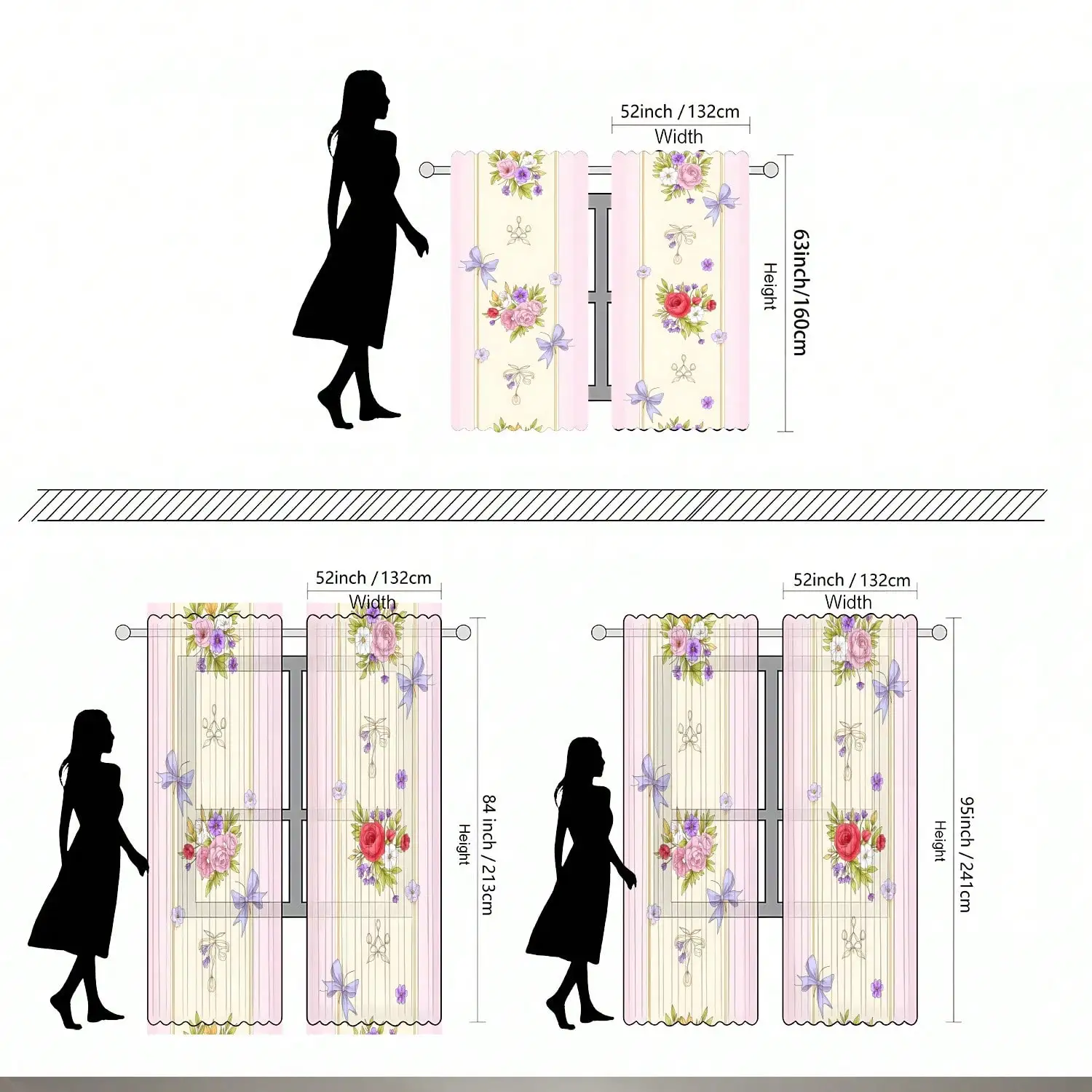 2pcs Floral Print Sheer Curtains - Pink Roses, Purple Flowers & Green Leaves On Light Yellow, Semi-Sheer Window Drapes