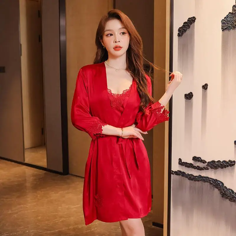 

Silk Sleepwear Women's Summer Ice Silk Robe Sexy Two-Piece Set Sleep Dress Strap Spring Autumn Bathrobe Thin Ultra Short