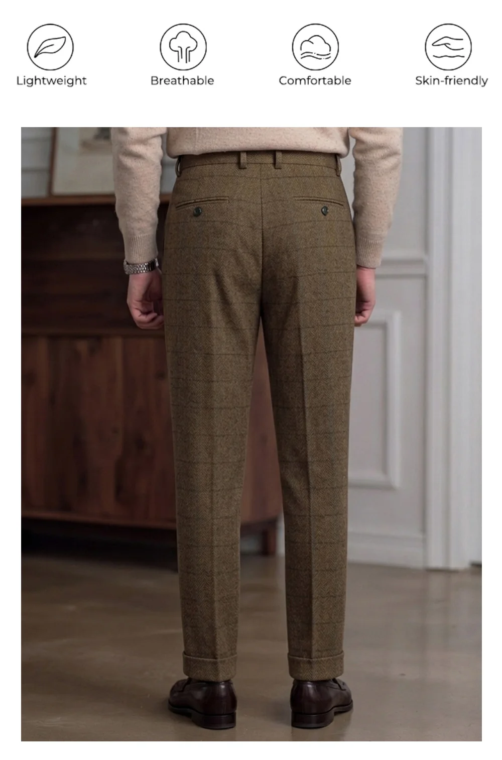 Herren-Anzughose mit Hahnentritt-Muster für Herbst und Winter, Business-Bürohose mit Neapolitan-Knopfleiste und geradem Bein – Detail 5
