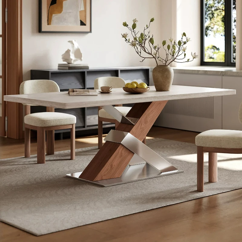 Sintered Stone Dining Desk Modern Light Luxury Household Eating Furnish X-Shaped Solid Wood & Metal Base Dinner Furnishing
