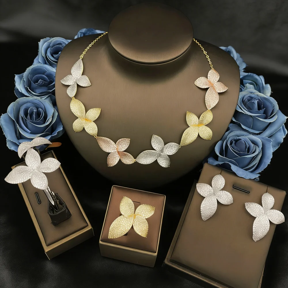 

JRH High-End Flower Jewelry Set for Women Elegant Necklace Earrings Ring Combo for Party Wedding