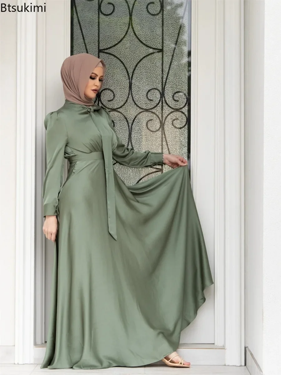 Elegant Satin Dress for Women Muslim Fashion Abaya Hijab Dubai Turkey Evening Dresses Arabic Kaftan Robe Female Islamic Clothing