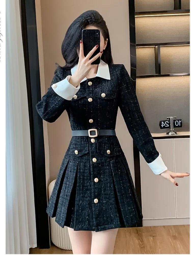 

Small Fragrance Style Floral Woolen Dress High-End Slim Waist Vintage Elegant Temperament Dresses Vestidos