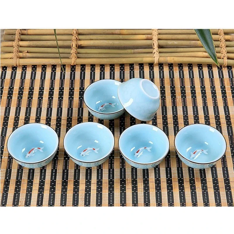 40ml Celadon Chinese Kungfu Tea Cups Green/ Blue Embossed Carp Goldfish Teacup Small Fish Creative Ceramic Tasting Cup 6.3*3cm