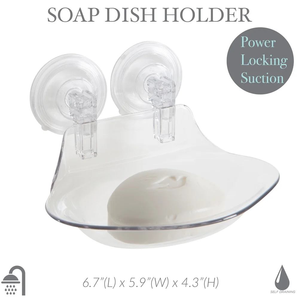 Power Locking Suction Soap Dish Self Draining Holder Shower Tub Crystal Clear Design Easy Mounting Cleaning Solution