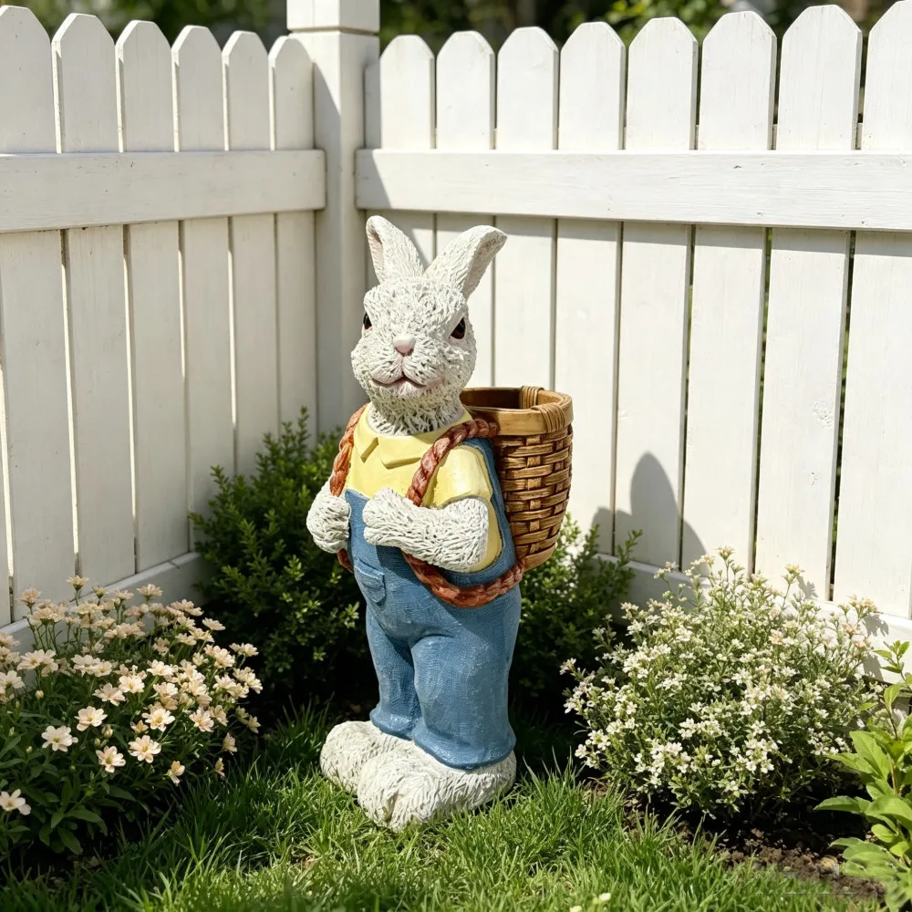 Simulated Couple Rabbit Statue Flower Pot Ornament, 17'' Resin Crafts Garden Sculpture Decor, Household Guardian Ornament, Ideal Gift for Independence Day for Yard Home Outdoor Decor view 5