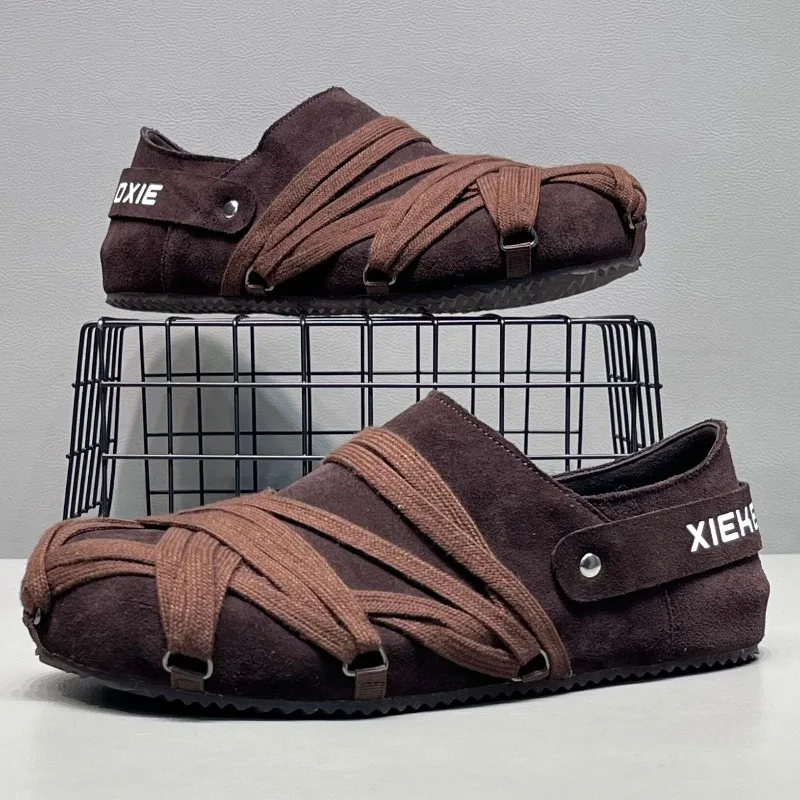 2026 Trendy Suede Men's Loafers Shoes Quality Cross Strap Design Casual Mules Slip on Shoes Retro Comfortable Flat Shoes for Men