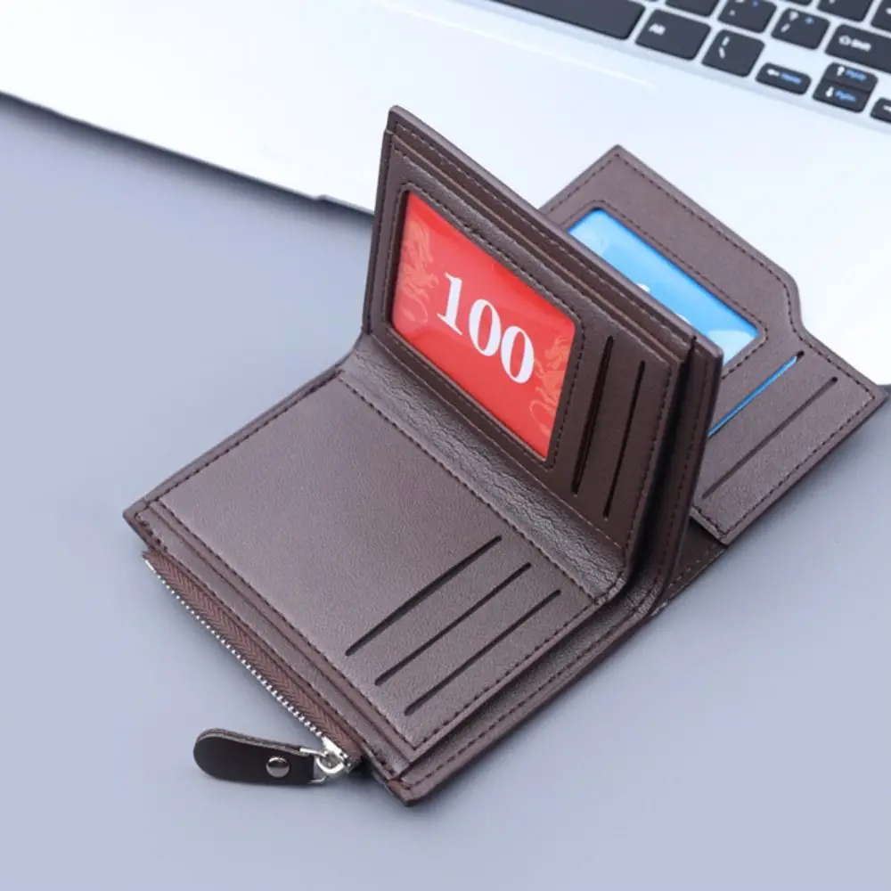 

Solid Color Fold Wallet Multiple Card Slots Zipper Men's Short Wallet Multifunction Card Holder PU Leather Wallet Daily Use