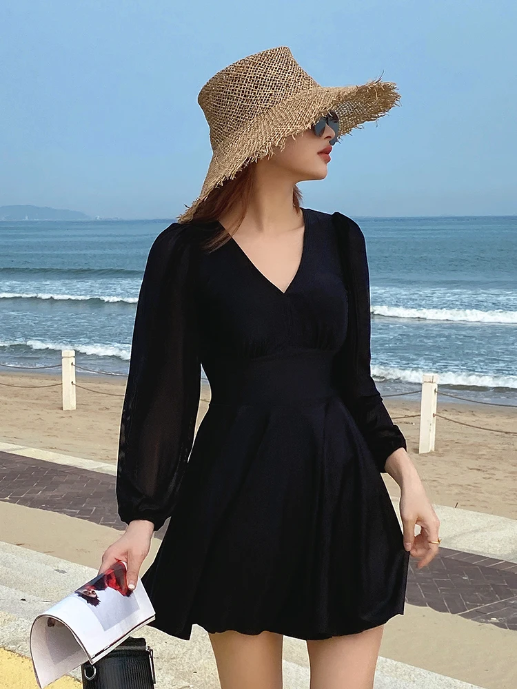 

Женский купальник-танкини больших размеров с длинными рукавами, скрывающий живот, сексуальный, с V-образным вырезом, из нейлона и спандекса, для горячих источников