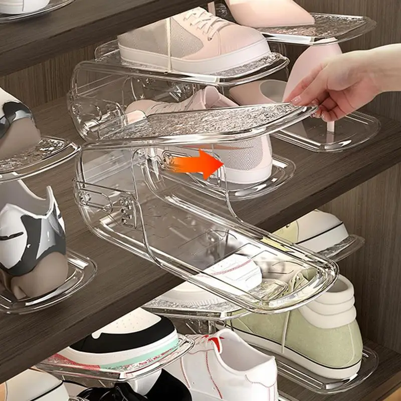 Space Saver Shoe Slots 2pcs Double Deck Shoe Rack Holder Transparent Thickening Stackable 3 Different Height Space-Saving Shoe