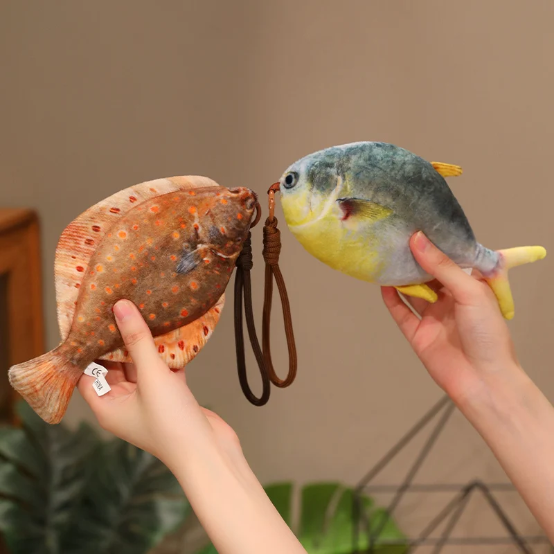 Kawaii Realistic Fish Plush Keychain Brown Spotted Flatfish And Silver Gold Round Fish Soft Stuffed Display Cuddly Warm