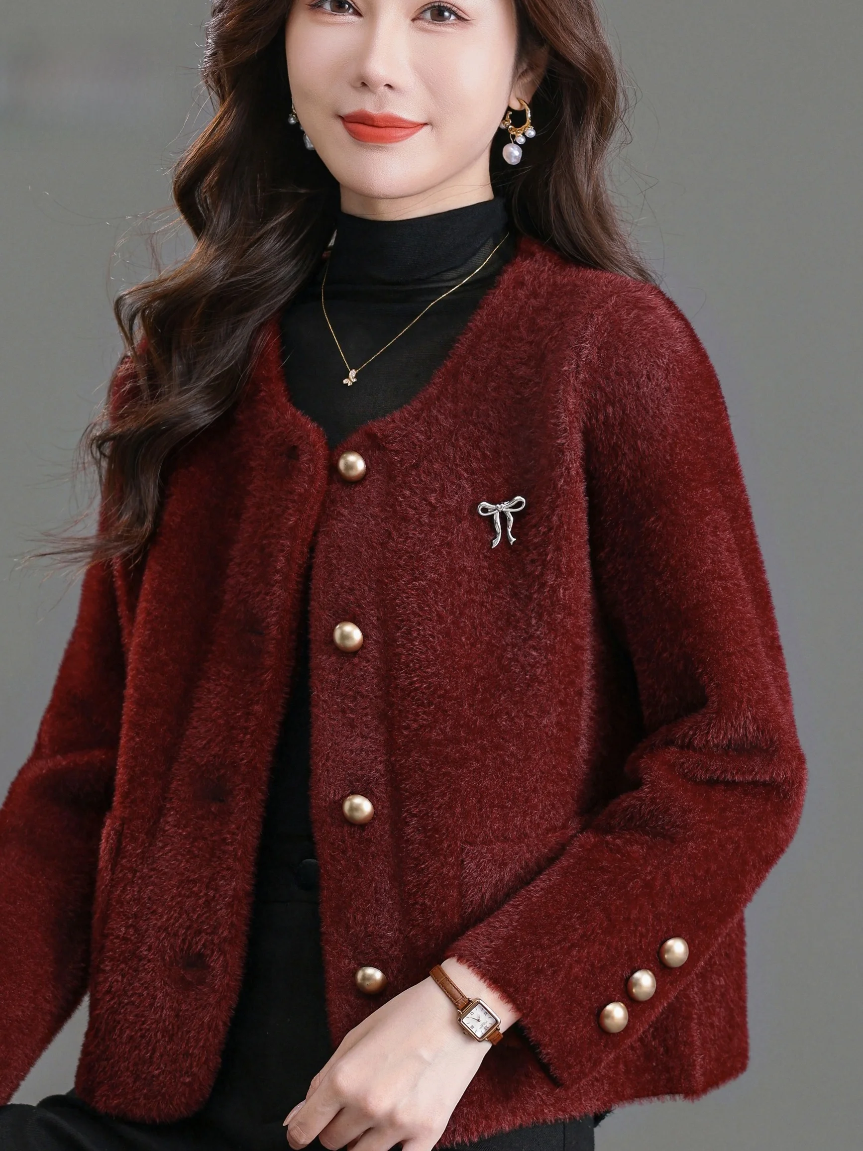 

Осень-зима Вязаный открытый кардиган Женский модный меховой жилет с белкой на пуговицах круглый Ne Mommy Sle Warm ly Ladies