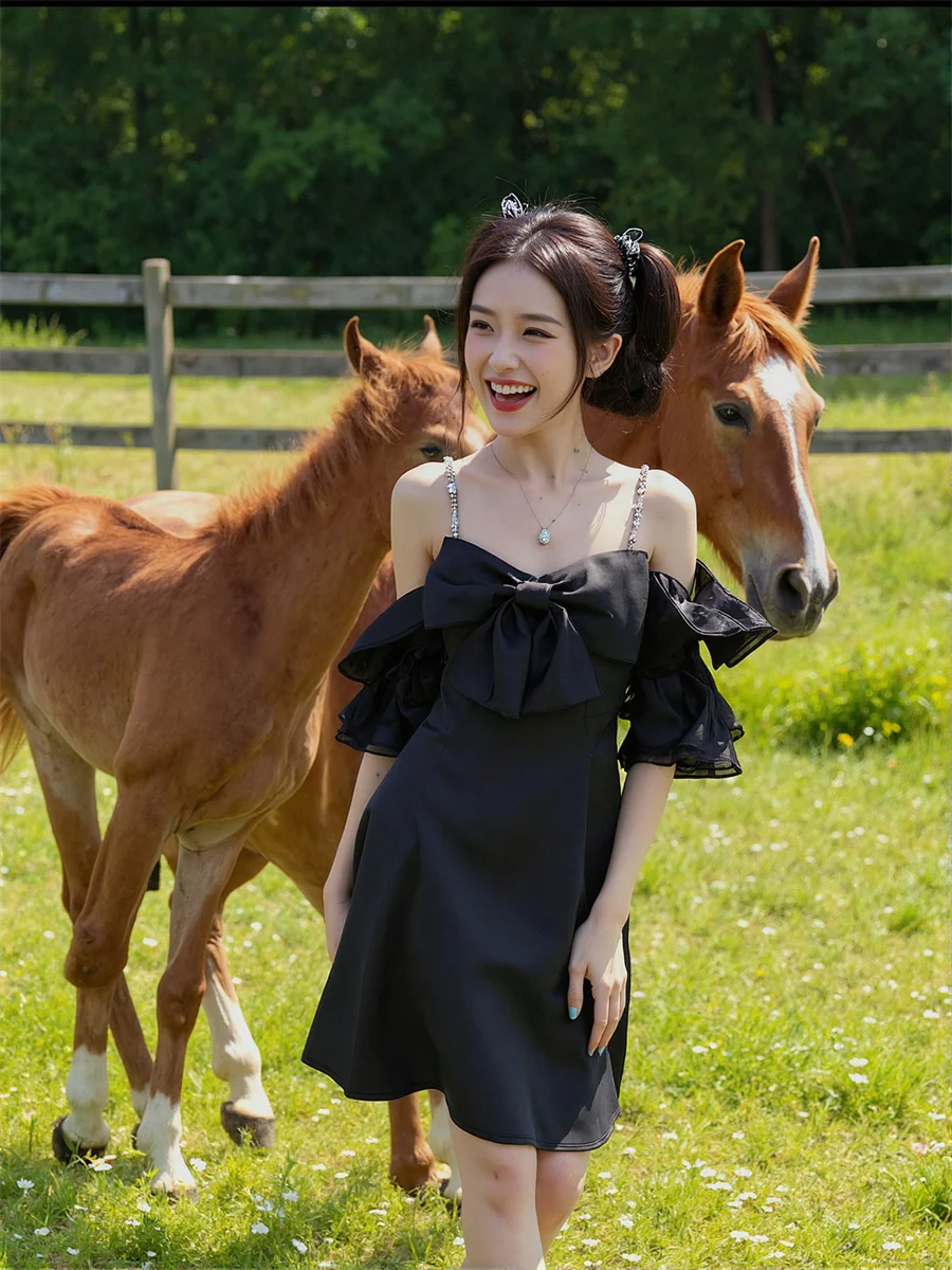Vestido de fiesta de día para mujer, Sexy, corte en A, manga abombada, cuello en V, plisado, volantes, fruncido, capa apilada escalonada