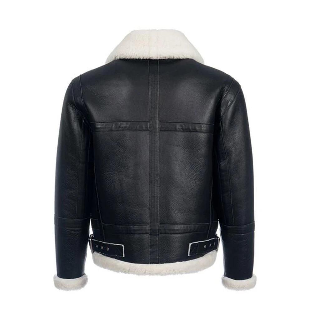 Denny&Dora Men's Shearling Jacket Imported Merino Sheepskin Jacket Black Leather Jacket