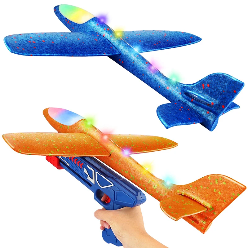 LED Flash Foam Plane 10M Launcher Catapult Airplane Gun Toy Children Outdoor Game Bubble Model Shooting Fly Roundabout Toys