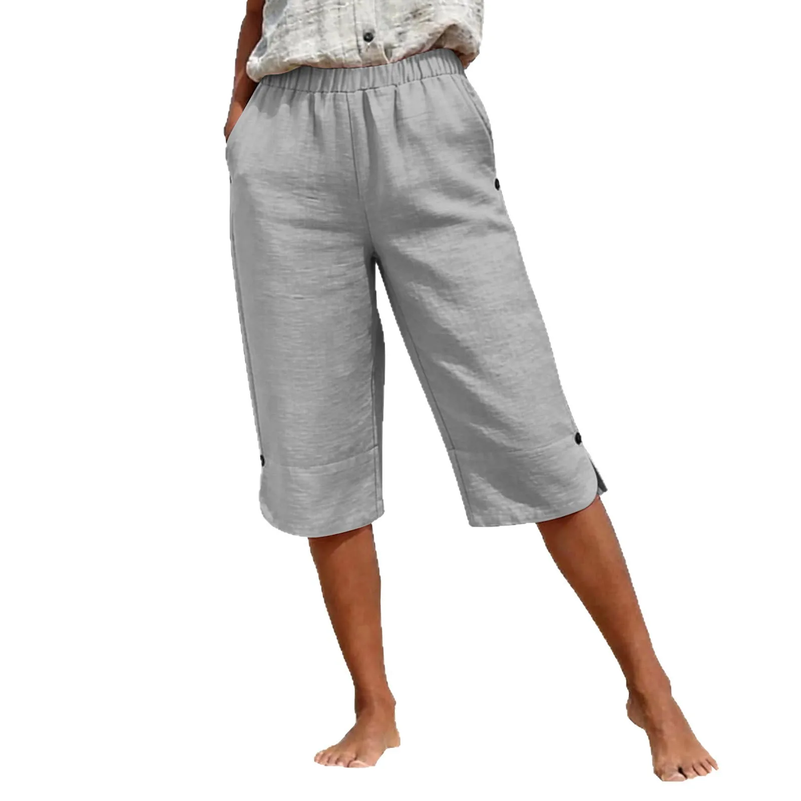 Summer Women Capri Pants High Waist Crop Pants Side Slit Three Quarter Pants Elastic Waist Cropped Pants Wide Leg Solid Color