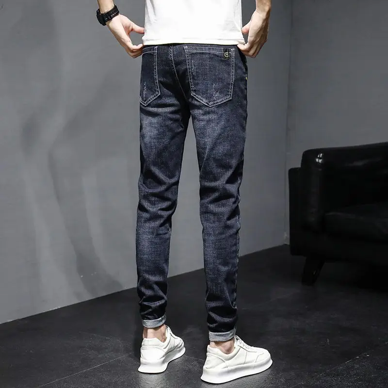 Spring and Autumn Dark Blue Casual Stylish Cargo Denim Harajuku Fashion Designer Clothes Men Slim Boyfriend  Men\'s Jeans Pants