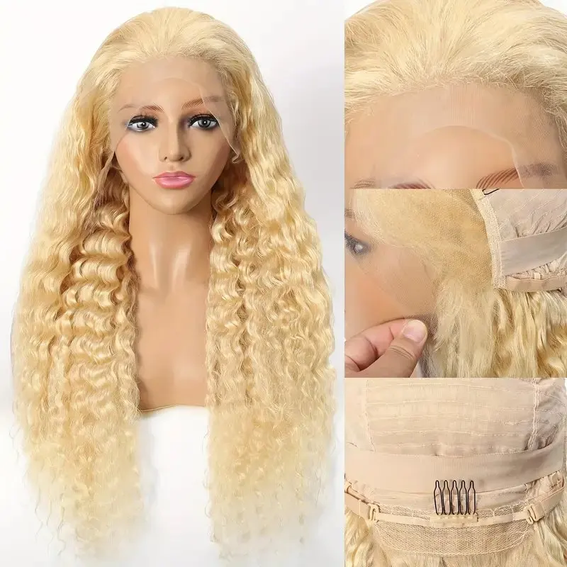 13x4 Deep Wave Glueless Curly Hair 26 38 Inch 613 Blonde 150 Density Lace Forehead Hair Wig Blonde Women Human Hair Wig