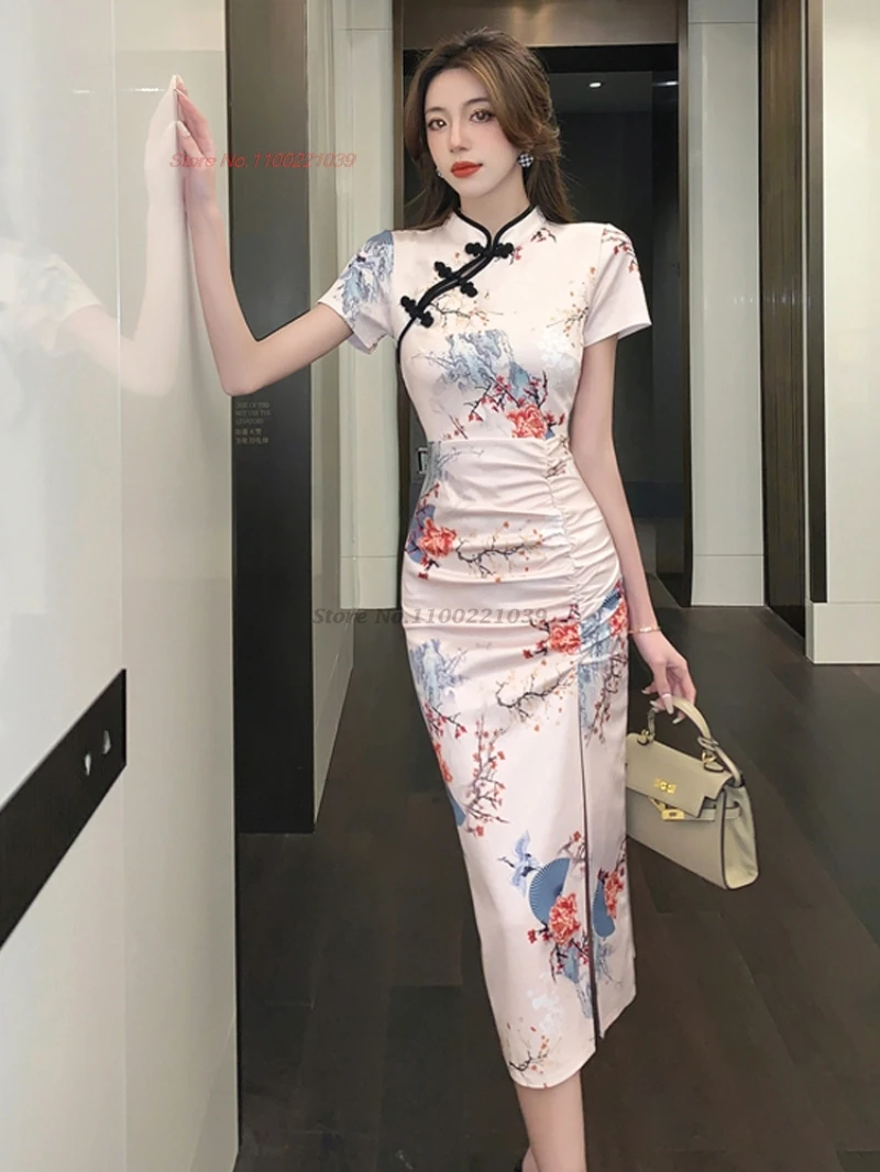 

2026 китайское винтажное платье, сексуальное Cheongsam, традиционное плиссированное вечернее платье Ципао с цветочным принтом, вечернее платье Ципао для ночного клуба, народное платье Ципао